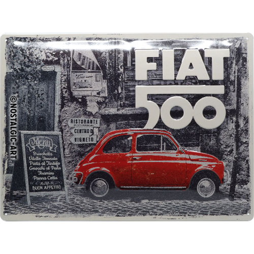 Segno di latta "FIAT 500" Auto rossa in strada 30 x 40 cm