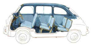 Satz Sitzbezüge 6-Sitzer blau/grün/rot/braun Fiat 600 Multipla